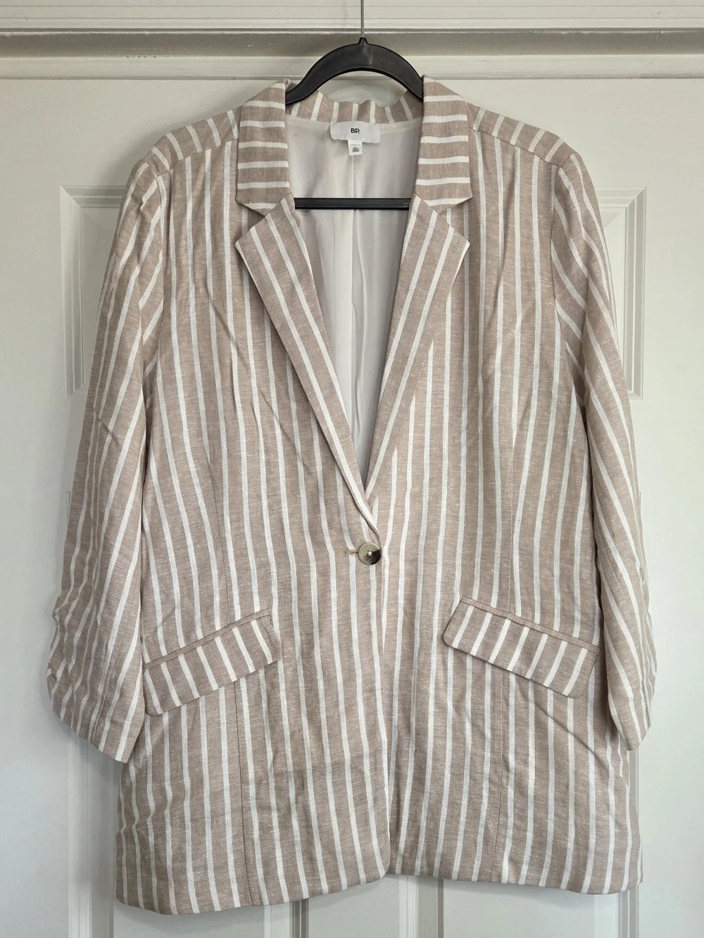 BP Nordstrom Tan & White Linen Blend Single Button Blazer - Size L - Picture 1 of 8